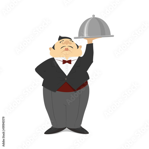 A waiter in a suit holds a tray. Waiter with a dish. Cartoon Vector © All5