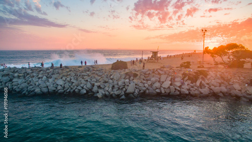 Aerial view of The Wedge surfing spot in Newport Beach, Orange County, California