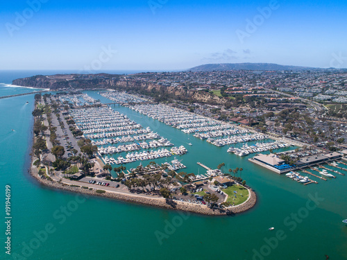 Aerial view of harbor with luxury boats and yachts