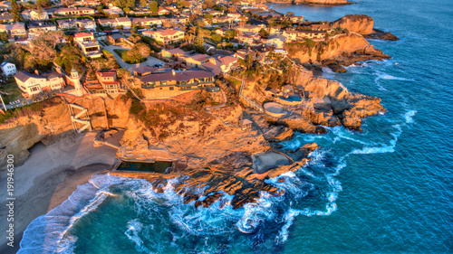 Aerial view of Three Arch Bay in Laguna Beach, Orange County, California during twilight photo