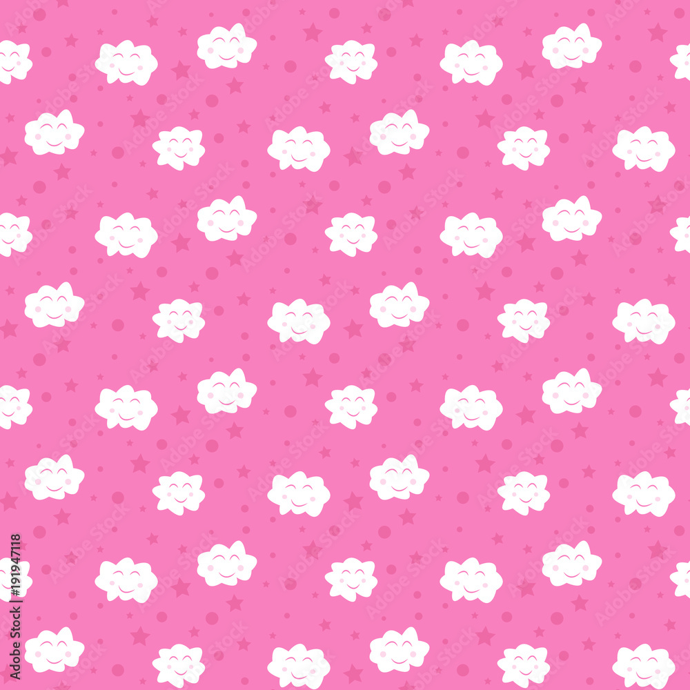 Seamless smiling pink cloud pattern with stars  and circles - Eps10 vector graphics and illustration
