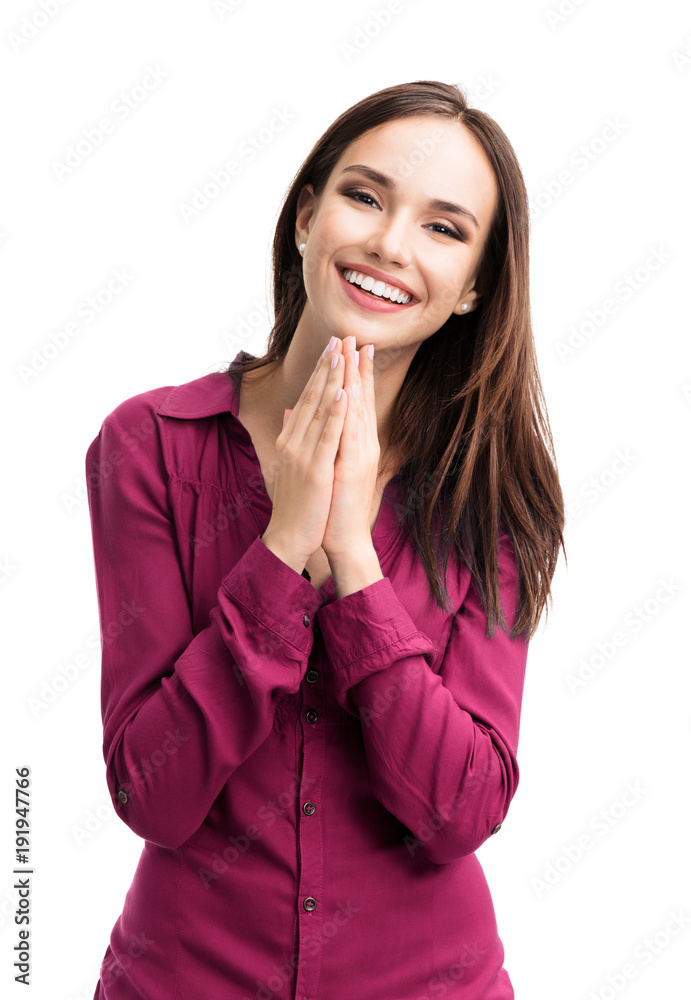 happy gesturing smiling young woman, isolated happy gesturing smiling young woman, isolated