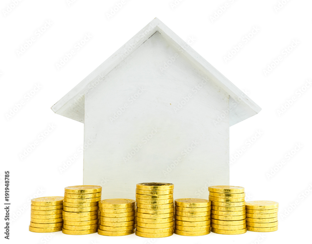 golden coin in front of wooden house model with white isolated background, which clipping path. golden coin in front of wooden house model with white isolated background, which clipping path.