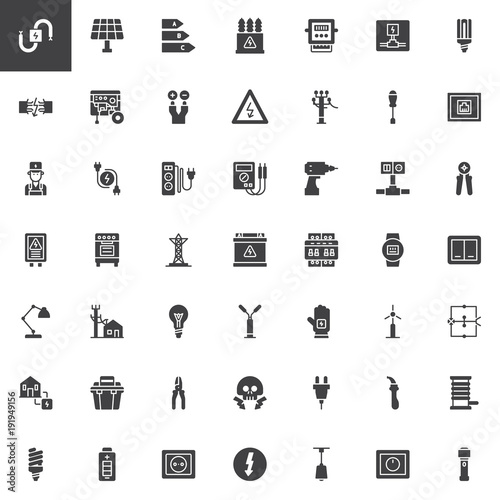 Electrician elements vector icons set, modern solid symbol collection, filled style pictogram pack. Signs, logo illustration. Set includes icons as wire, high voltage, electric meter, power supply