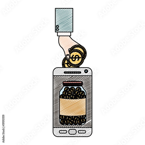 smartphone with hand saver online vector illustration design