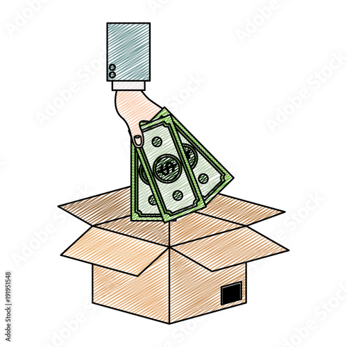 hand saver depositing bills in box icon vector illustration design