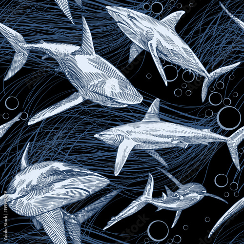 rekiny-recznie-rysowane-w-ciemnej-glebi