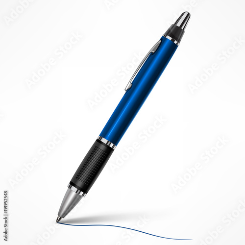 Blue tilt pen with writing line on paper, isolated white. Vector