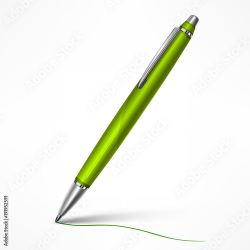 Expensive green tilt pen with writing line on paper, isolated
