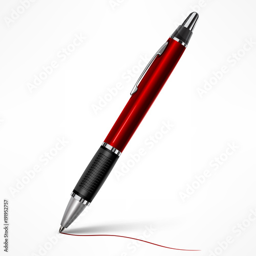 Red tilt pen with writing line on paper, isolated white. Vector