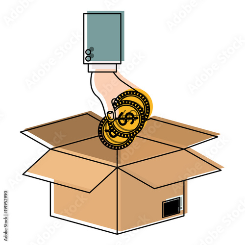 hand saver depositing coins in box icon vector illustration design