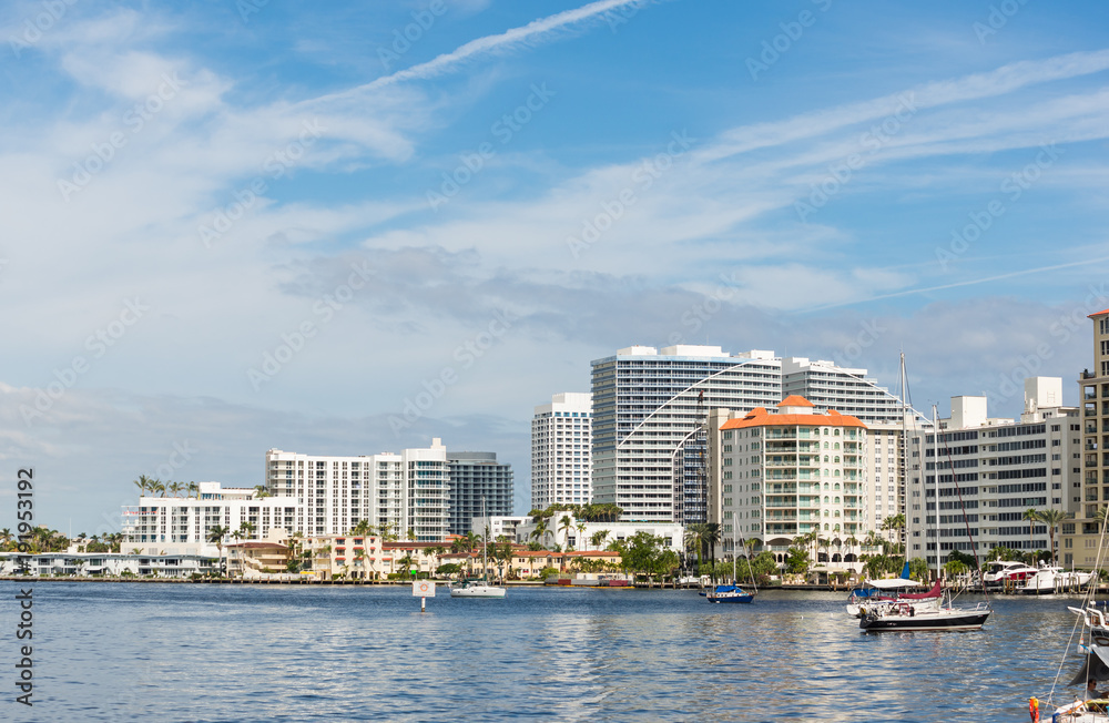 Apartment buildings and boats on Intracoastal Waterway in Ft Lauderdale