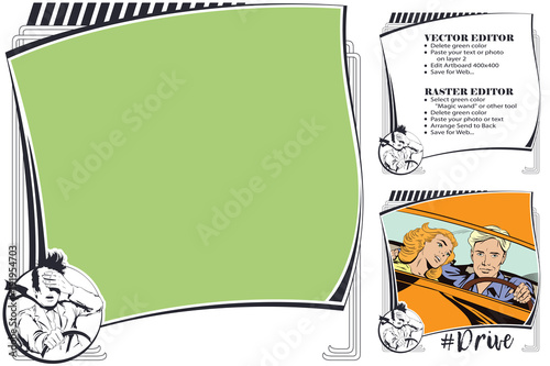 Frightened driver. Frame for scrapbook, banner, sticker, social network.