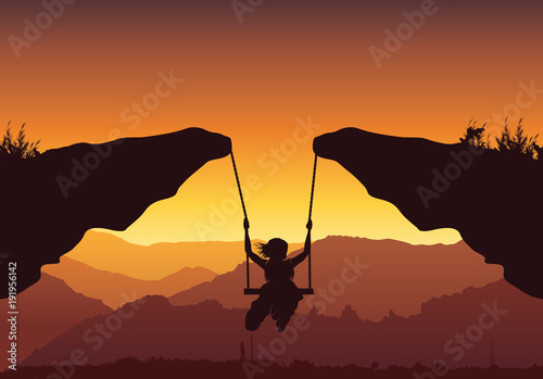 Freedom and independence concept background, Vector silhouette of a young teenager girl swinging over the mountain.