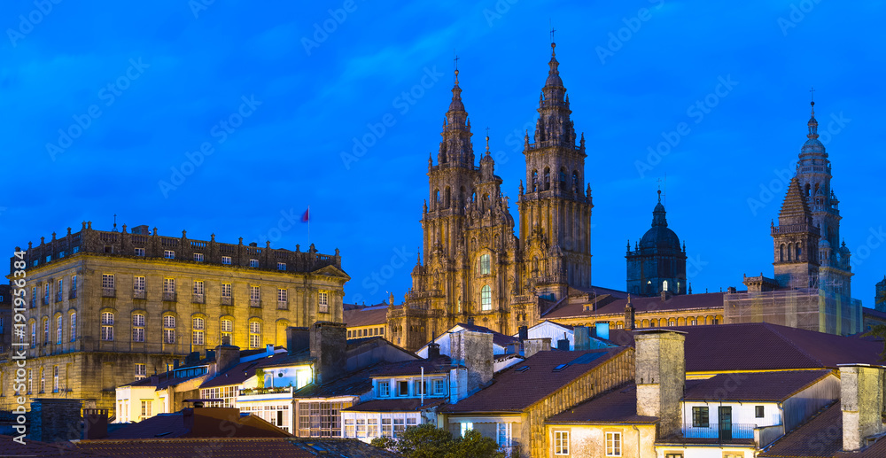 Santiago de Compostela Catedral by Night Panorama Galicia Spain