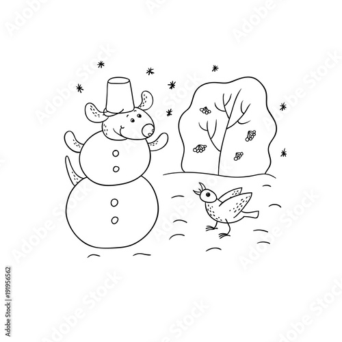 Vector Black White Sketch Funny Cartoon Puppy Character Dog On Winter Jokingly Dressed Up As A Snowman And Scares Crows The Snow Is Falling Illustration For Design Calendar Card Stock Vector Adobe
