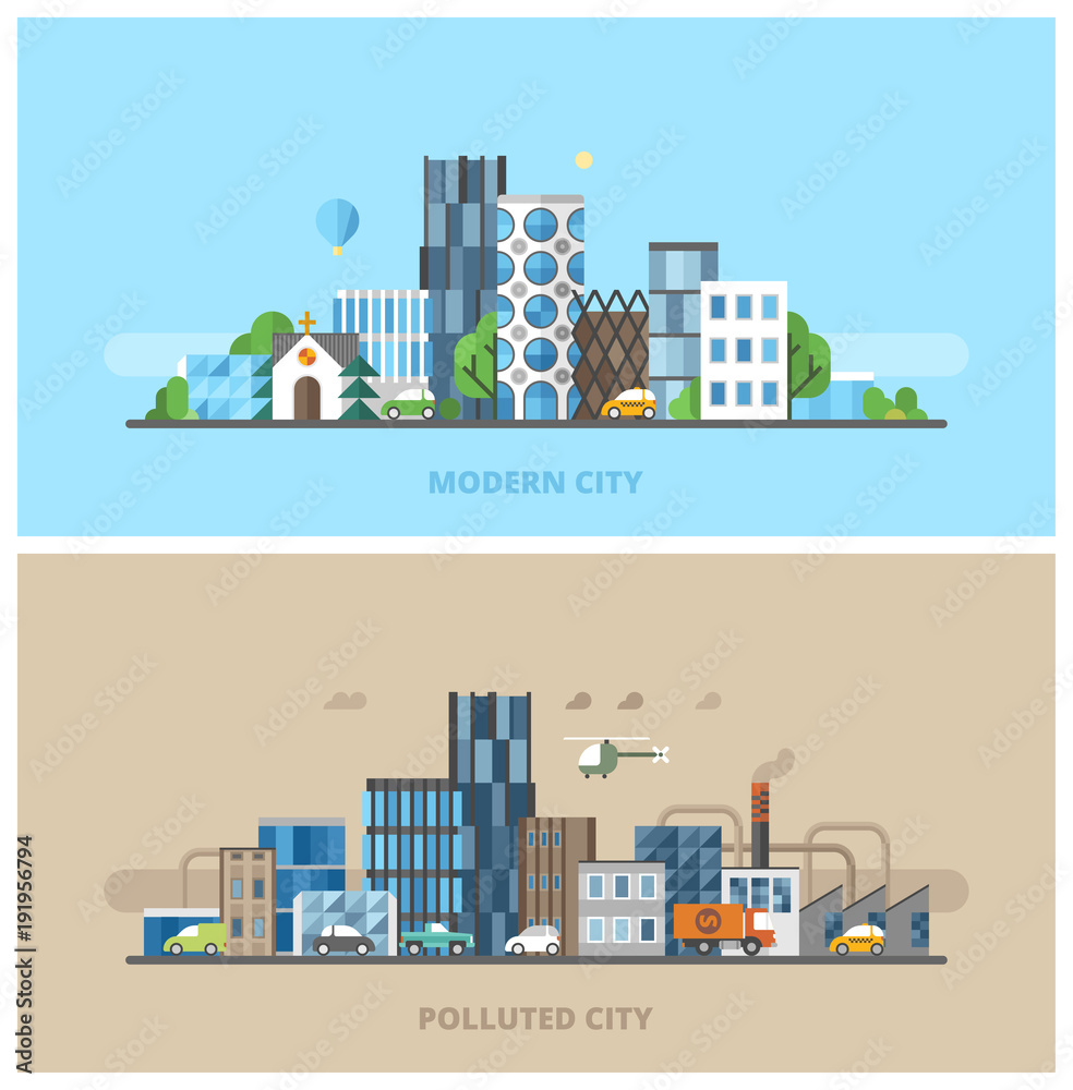 Ecology concept - two horizontal banners in flat design style. Green city. Polluted city.