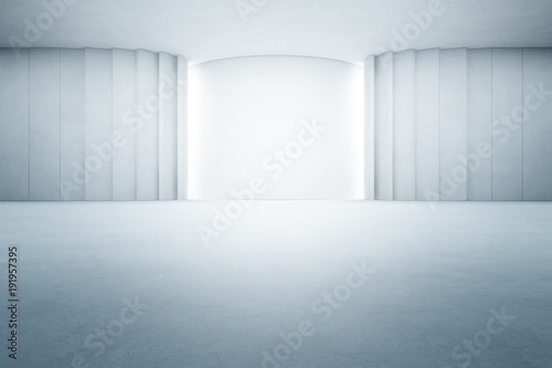 Abstract interior design of modern large showroom with empty gray concrete floor and white wall background - Hall or stage 3d illustration
