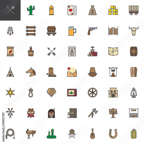 Wild west filled outline icons set, line vector symbol collection, linear colorful pictogram pack. Signs, logo illustration, Set includes icons as cowboy, western, sheriff, bandit, saloon, ranch