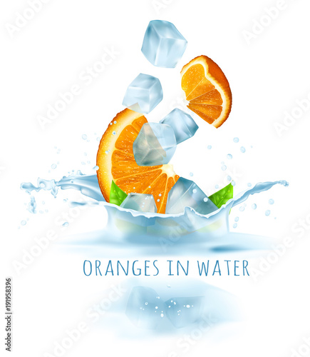 Ripe fresh oranges and ice cubes falling to water. Vector