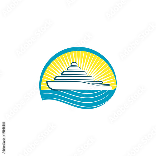 Yacht logo vector illustration with circle, sunshine and water wave on the background, travel agency concept