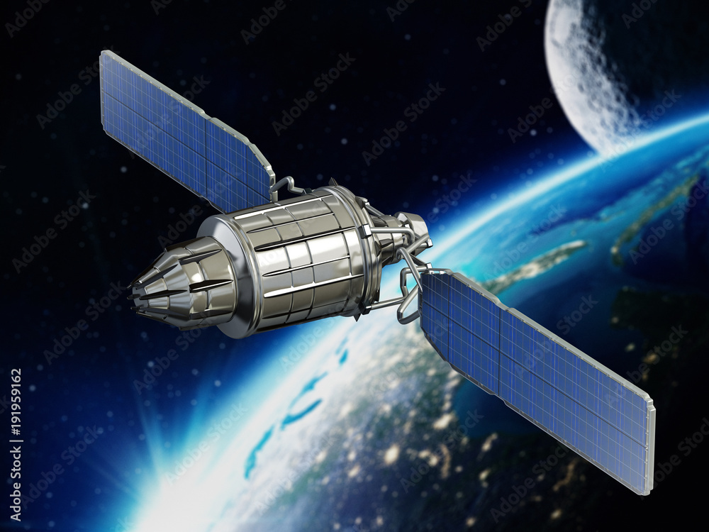 Communication satellite orbiting earth. 3D illustration Communication satellite orbiting earth. 3D illustration