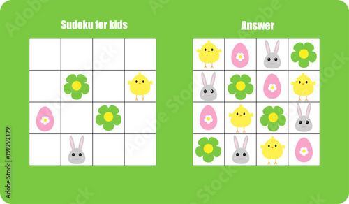 Sudoku game with easter pictures (egg, bunny, chick) for children, easy level, education game for kids, preschool worksheet activity, task for the development of logical thinking, vector illustration