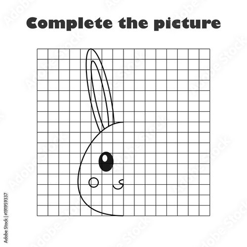 Complete the picture, black white cartoon bunny, drawing skills training, easter educational game for the development of children, kids preschool activity, printable worksheet, vector illustration