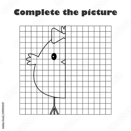 Complete the picture, easter chick in cartoon style, drawing skills training, educational paper game for the development of children, kids preschool activity, printable worksheet, vector illustration