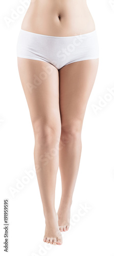 Female legs in white panties with a little overweight.
