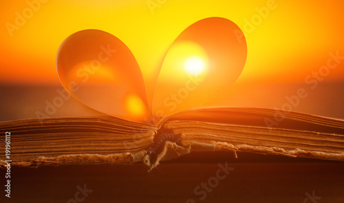 Opened book close up on sunset background