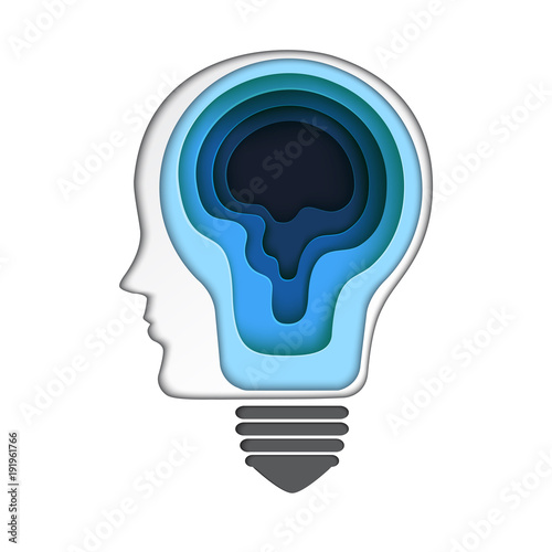 Brain thinking business creative idea concept.Paper carve of human head with getting idea from light bulb paper art style.Vector illustration.