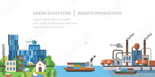 Ecological ecosystem and pollution. The territory with green ecology and the territory with dirty industries. Green ecosystem and pollution.
