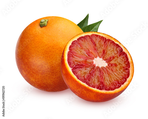 One whole red blood oranges and half isolated on white background