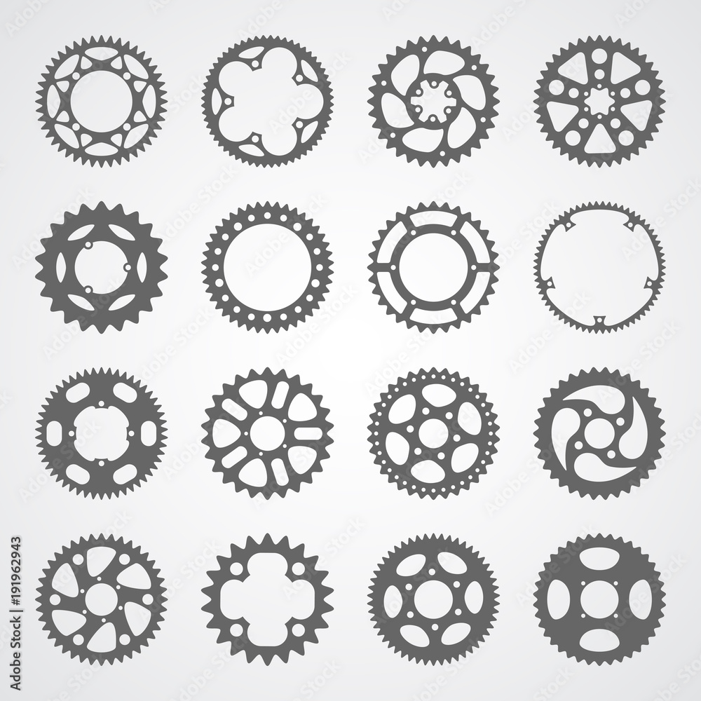 Gear icon set. 16 vector cog wheel silhouettes isolated on white background. Gears collection for logo, app buttons or infographic.