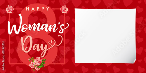 Happy Womens day rose flower and hearts red card. Lettering invitations for the International Women's Day, 8 March with text, roses and heart