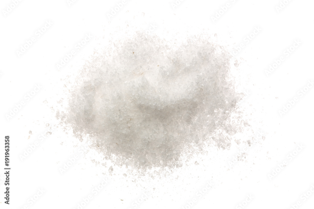 Pile of salt crystals isolated over the white background. Top view. Flat lay