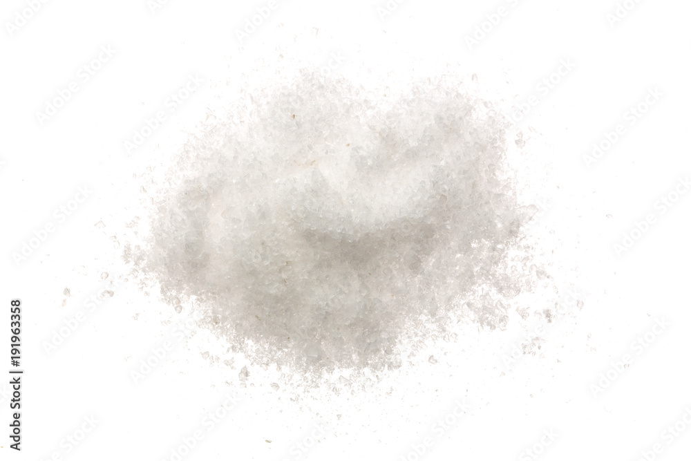 Pile of salt crystals isolated over the white background. Top view. Flat lay Pile of salt crystals isolated over the white background. Top view. Flat lay