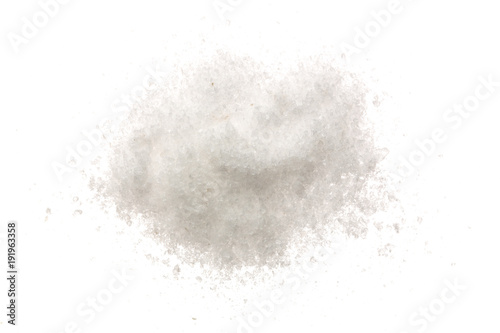 Pile of salt crystals isolated over the white background. Top view. Flat lay
