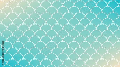 Fish scale on trendy gradient background. Horizontal backdrop with fish scale ornament. Bright color transitions. Mermaid tail banner and invitation. Underwater sea pattern. Turquoise, blue colors.