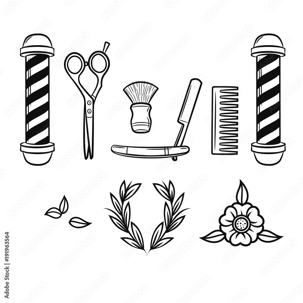 Vector black and white set of tools for barber  illustration of  hair styling equipment with floral decor elements Stock Vector | Adobe Stock