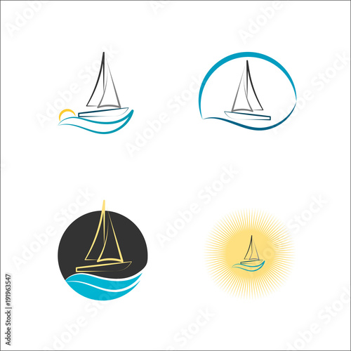 Set of yacht logo vector illustrations with  water wave on the background, travel agency concept