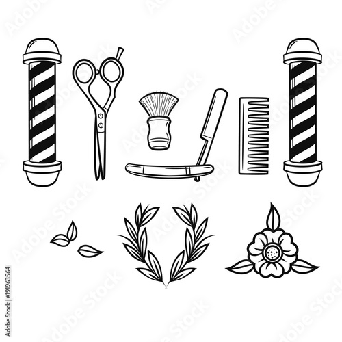 Vector black and white set of tools for barber shop.Cartoon illustration of hair styling equipment with floral decor elements