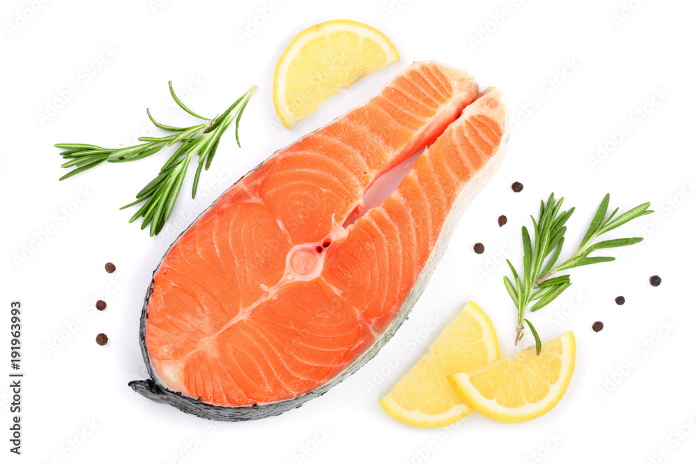 Slice of red fish salmon with lemon, rosemary and peppercorns isolated on white background. Top view. Flat lay Slice of red fish salmon with lemon, rosemary and peppercorns isolated on white background. Top view. Flat lay