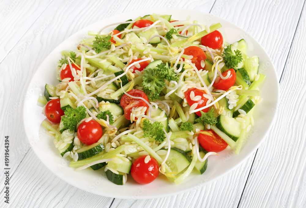 delicious fresh orzo salad with cucumber slices, celery sticks, tomato and bean sprouts on white plate on wooden table, healthy recipe,horizontal view from above, close-up