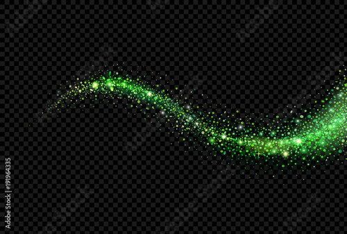 Green glitter sparkles wave isolated on black background. Vector star dust Twinkling confetti lights