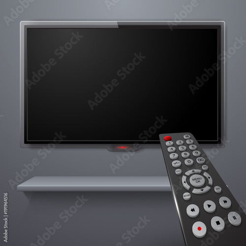 Realistic tv screen and 3d remote, vector illustration