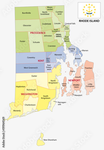 rhode island county and city vector map with flag