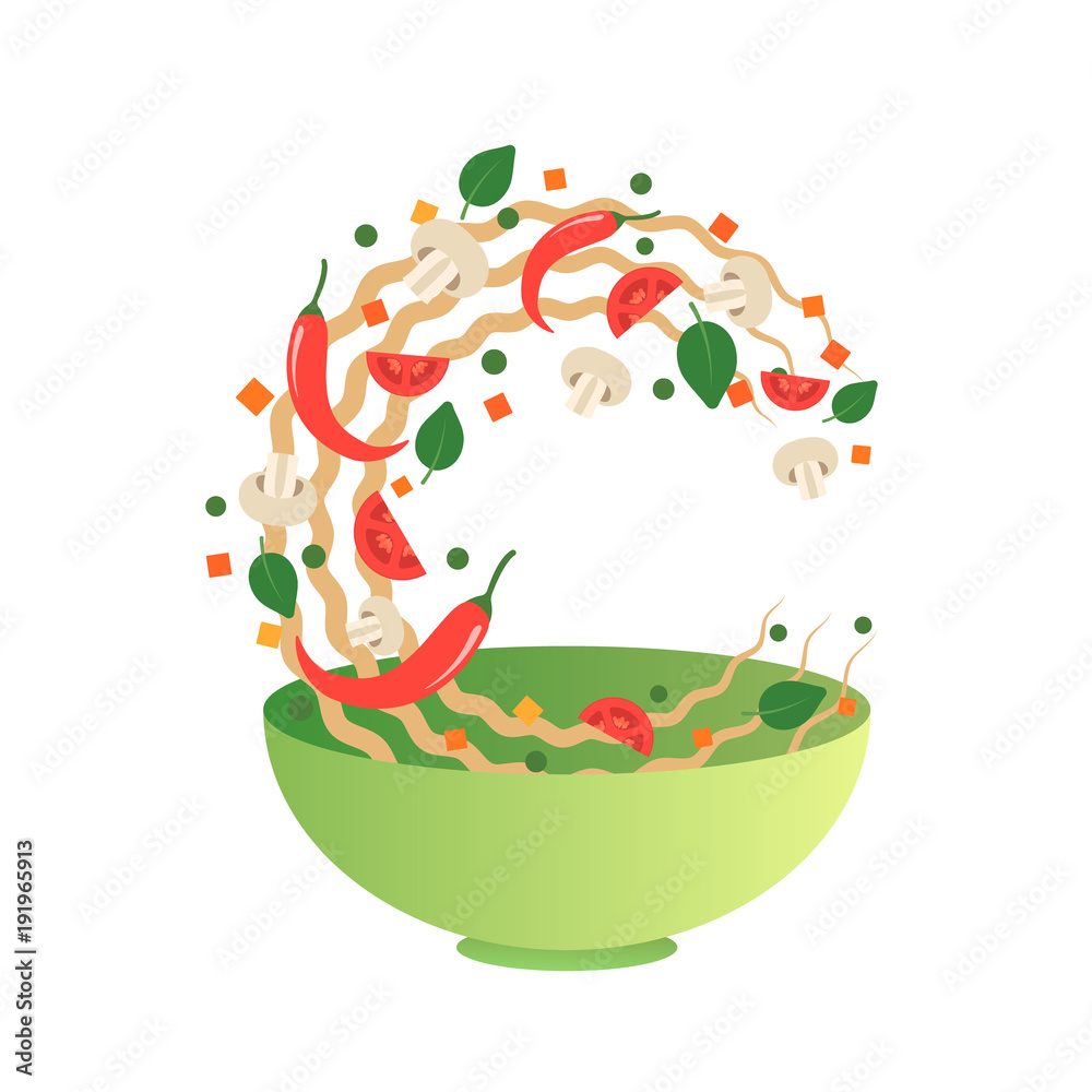 Stir fry vector illustration. Flipping Asian noodles with vegetables in a green bowl. Cartoon flat style Stir fry vector illustration. Flipping Asian noodles with vegetables in a green bowl. Cartoon flat style