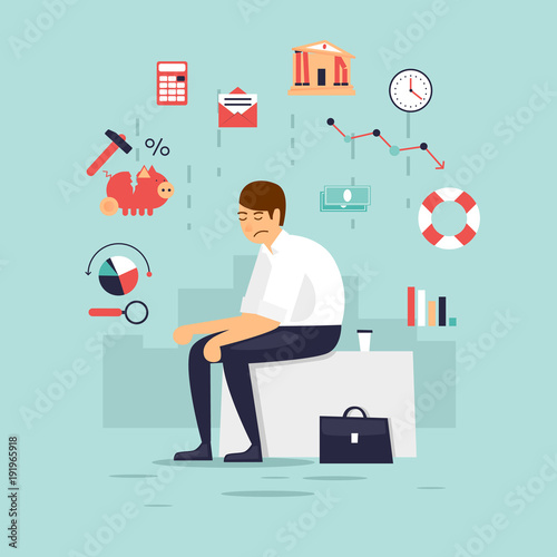 Sad businessman, crisis, bankruptcy. Flat design vector illustration.